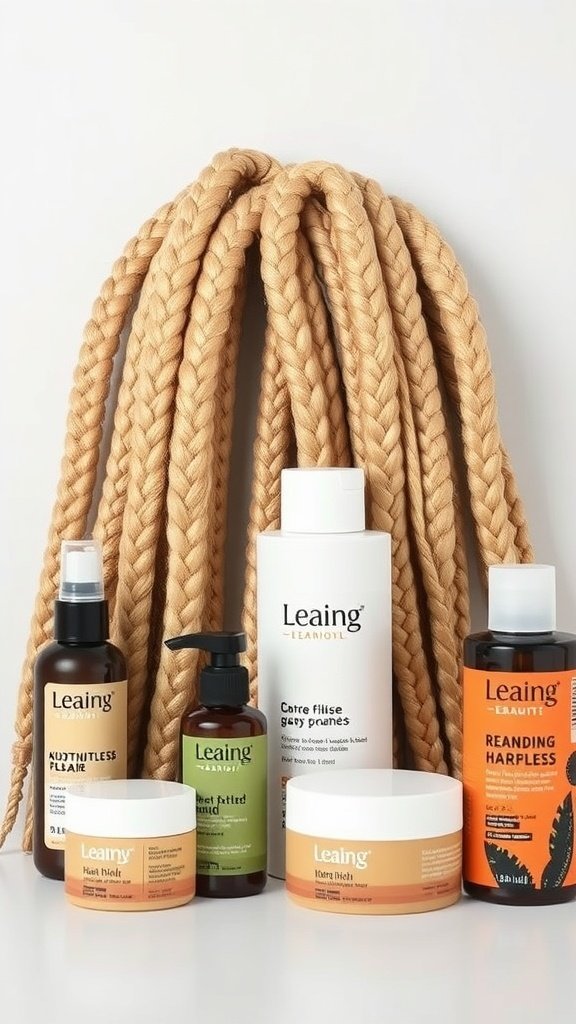 A variety of hair care products displayed with blonde knotless box braids.