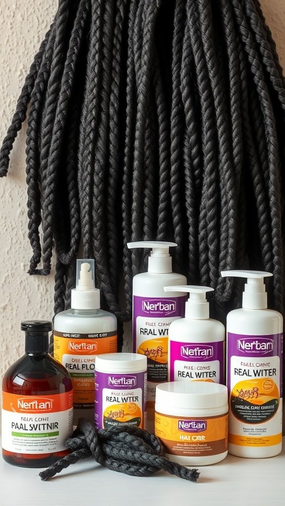 A collection of hair care products for braids, including oils and conditioners, with braided hair in the background.
