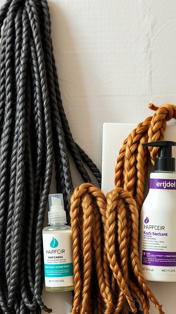 Image of honey brown knotless braids with hair care products