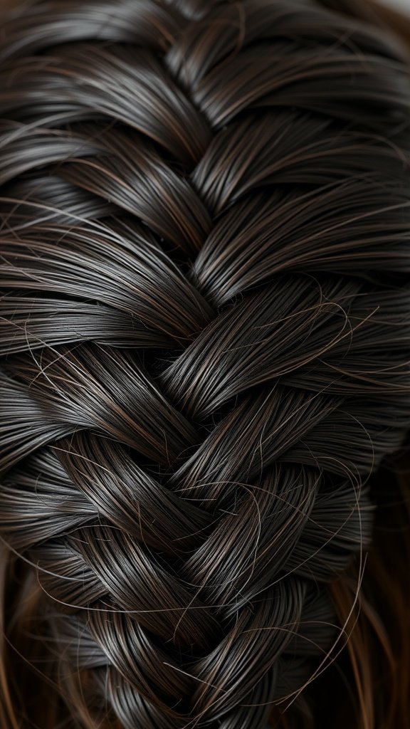 Close-up of a braided hairstyle showcasing healthy, shiny hair.