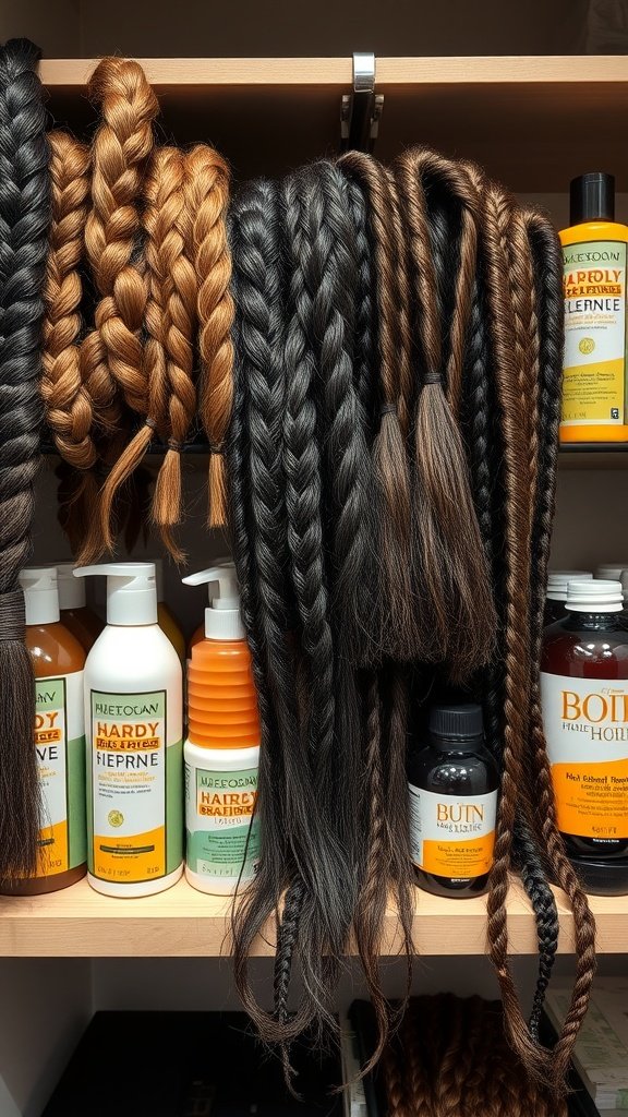 Image showing various braided hairstyles and hair care products for knotless braids.