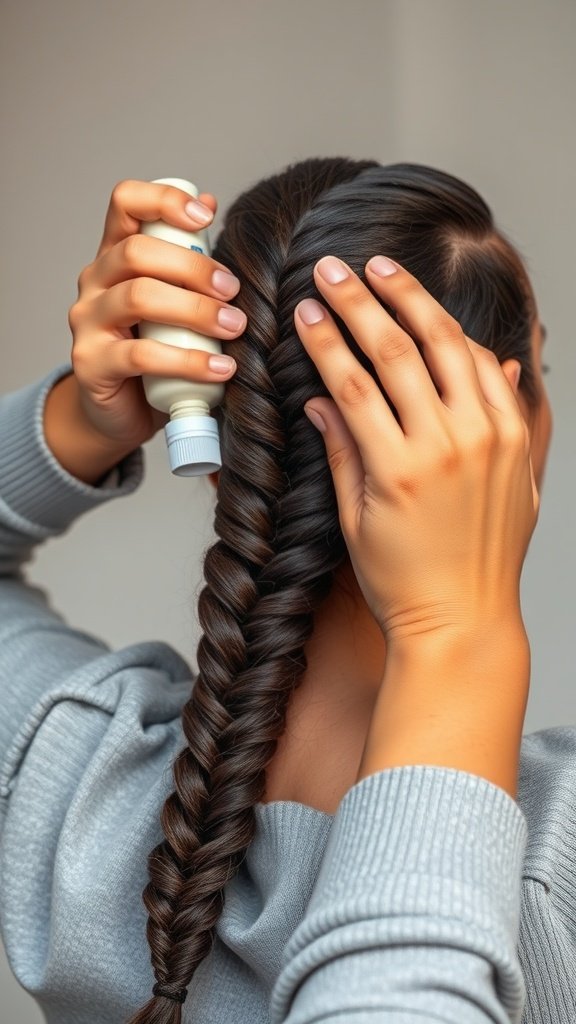 A person applying hair product while styling a medium knotless braid.