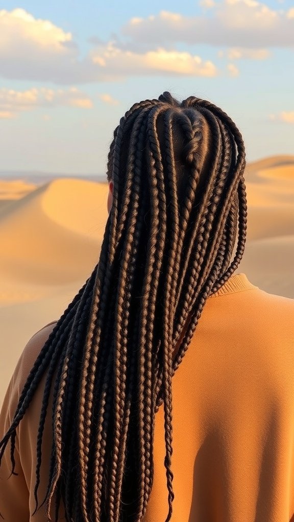 A person with jumbo knotless braids standing in a desert landscape, showcasing the beauty of braided hairstyles.