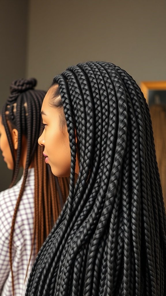 Image of two women with different braided hairstyles, showcasing the beauty of knotless braids.
