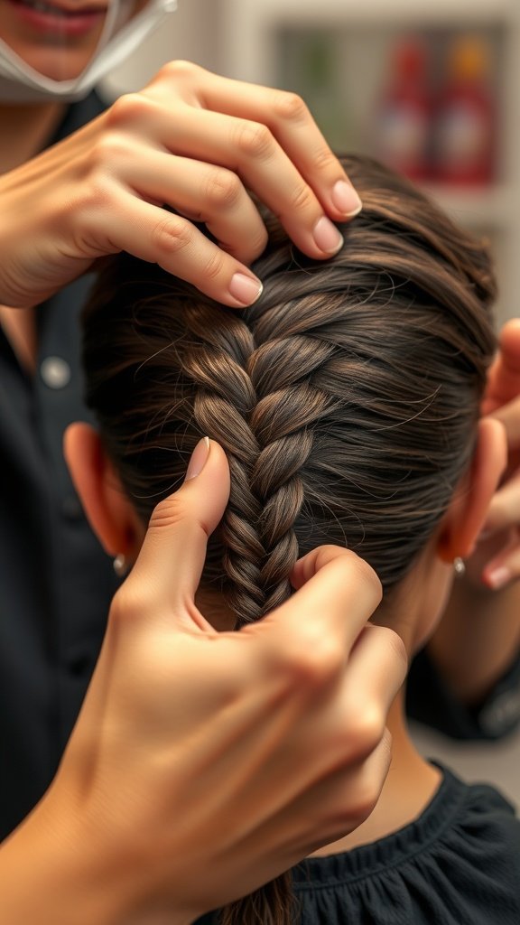 A stylist braiding hair with attention to tension for a neat finish.
