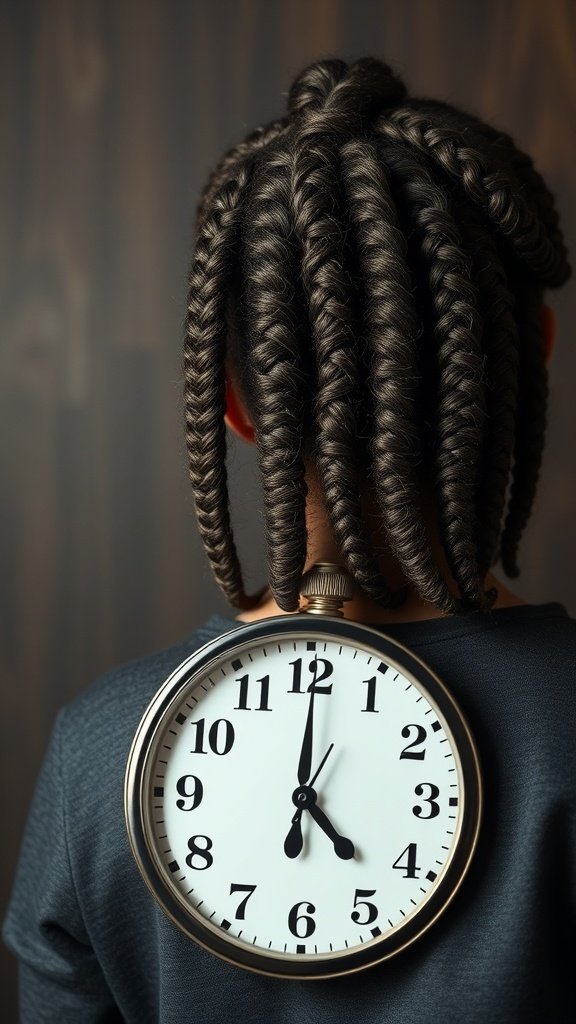 A person with braided hair and a clock on their back, symbolizing the time commitment for knotless braids.