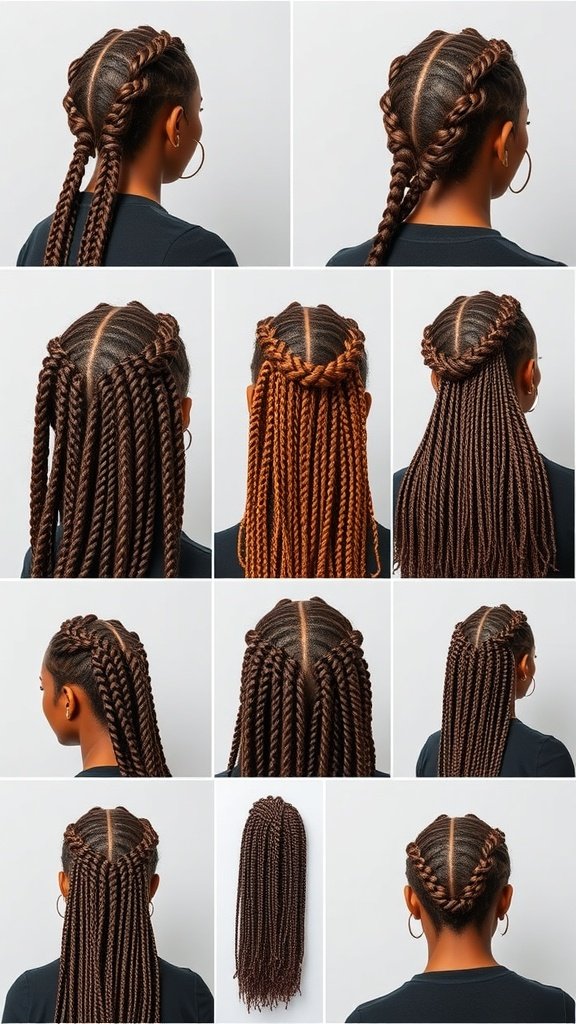 A collage of various styles of honey brown knotless braids, showcasing their versatility.