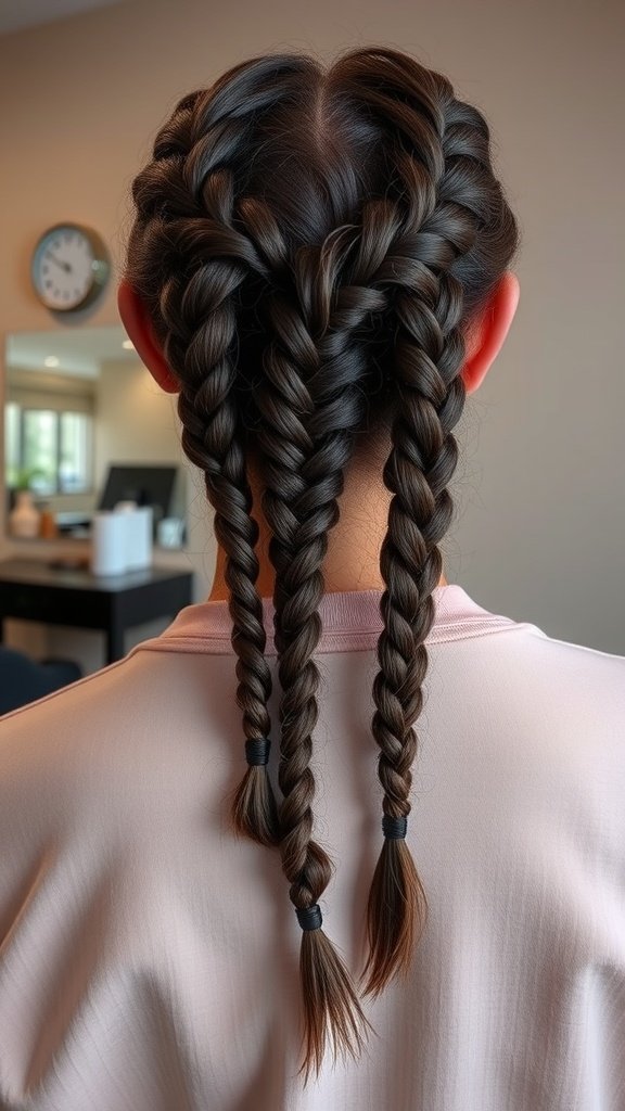 A back view of a person with two medium knotless braids styled neatly.