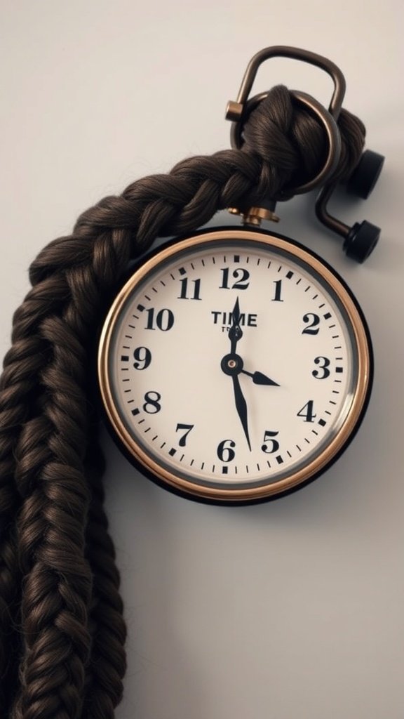 A clock with a braid wrapped around it, representing the time commitment for braiding hairstyles.