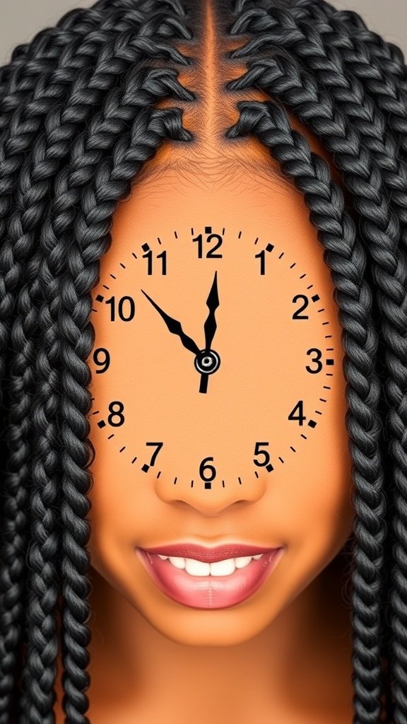 A creative representation of time with a clock on a person's forehead, symbolizing the time commitment for jumbo knotless box braids.