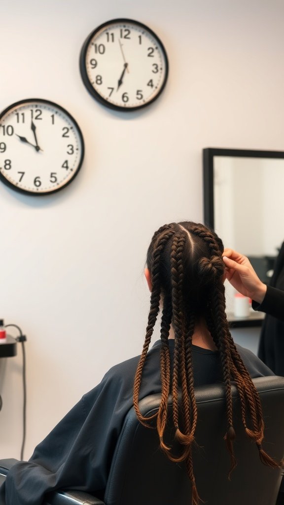 A person getting Fulani knotless braids styled in a salon, with clocks on the wall indicating the time commitment.