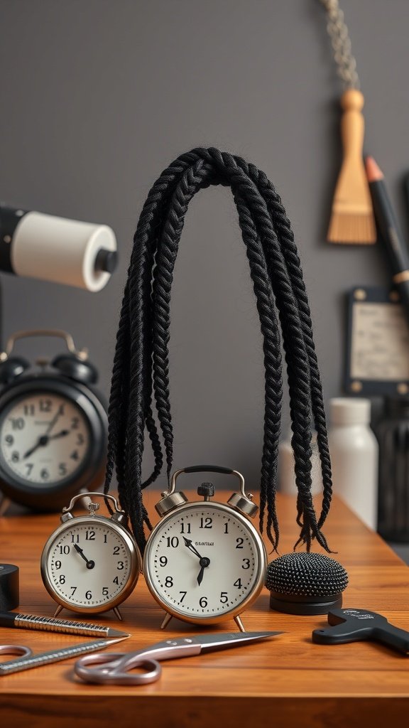 A pair of clocks next to black knotless braids, symbolizing the time commitment for styling.