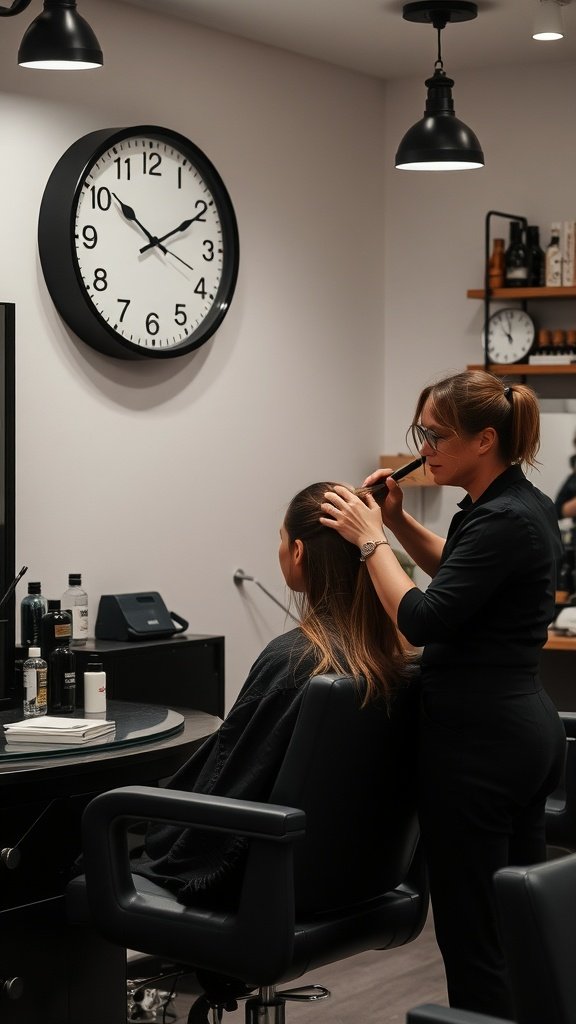 A stylist working on a client's hair in a salon, with a clock showing the time.