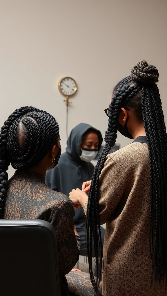 A stylist working on short boho knotless braids in a salon setting.