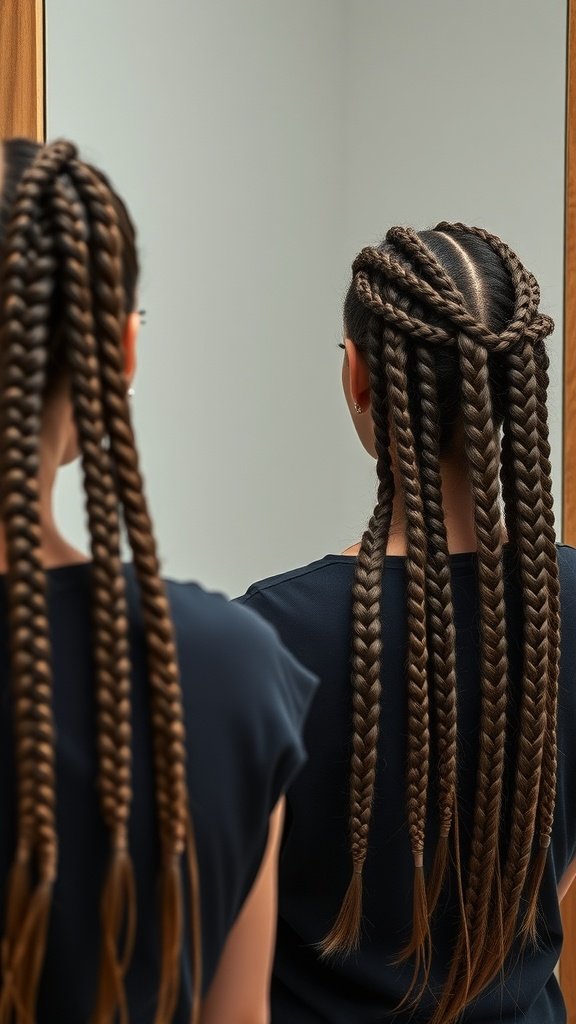 A woman with long knotless braids styled beautifully, showcasing the intricate details and length.