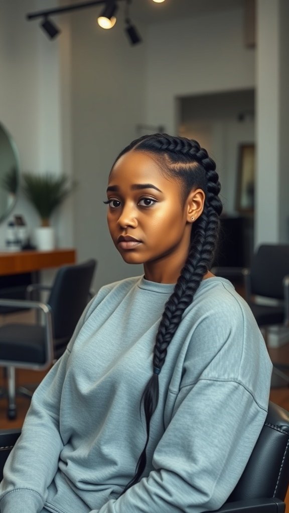 A person with medium knotless braids styled in a salon setting.