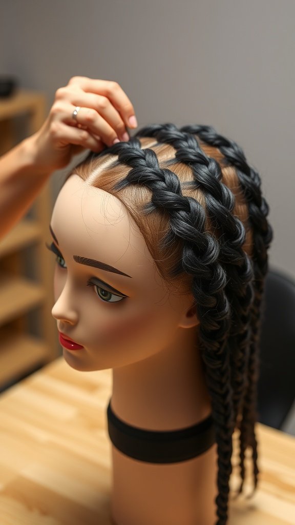A mannequin head with neatly styled knotless braids, showcasing a professional braiding technique.