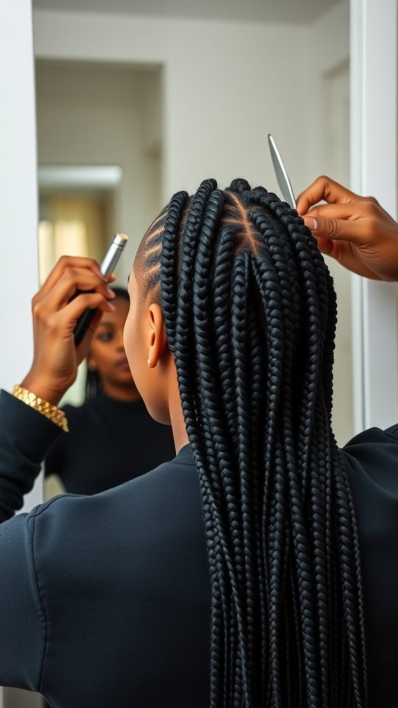 A person maintaining their medium knotless box braids in front of a mirror.