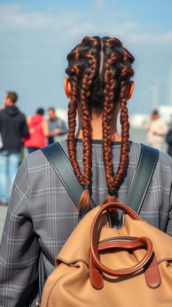 A person with honey brown knotless braids wearing a backpack, standing outdoors.