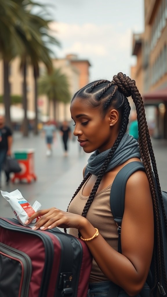 A woman with knotless braids checking her bag while traveling.
