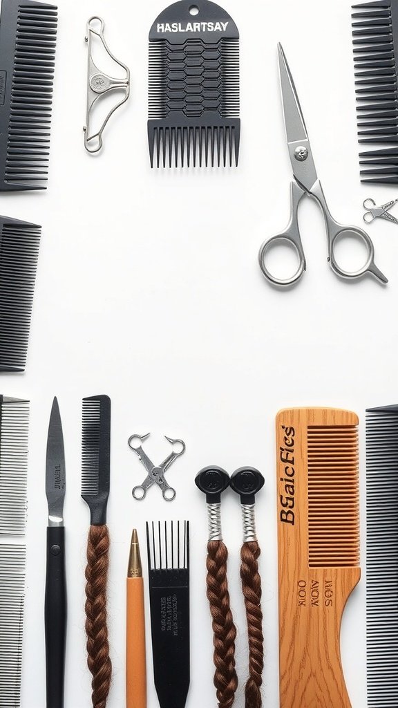 A collection of tools for braiding hair, including combs, scissors, and clips.