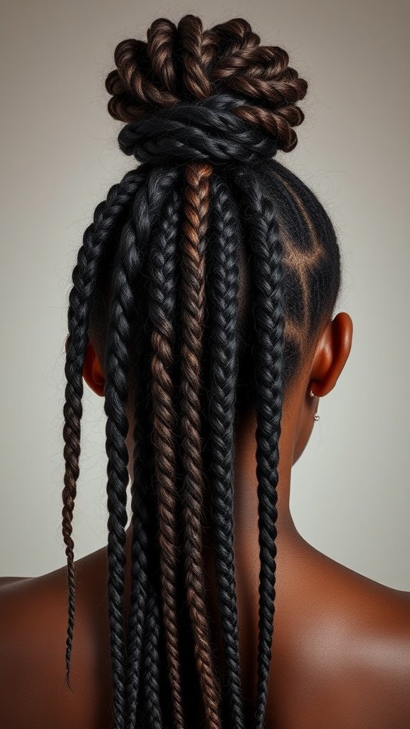 A close-up view of a woman with jumbo boho knotless braids styled in a top knot, showcasing the intricate details of the braids.