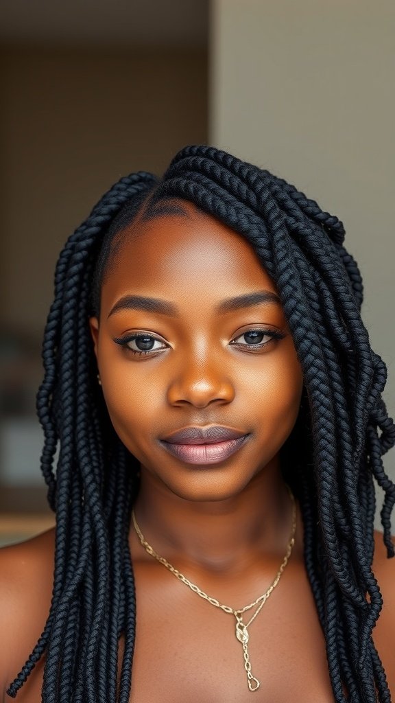 A woman with stylish boho knotless braids, showcasing a protective hairstyle.