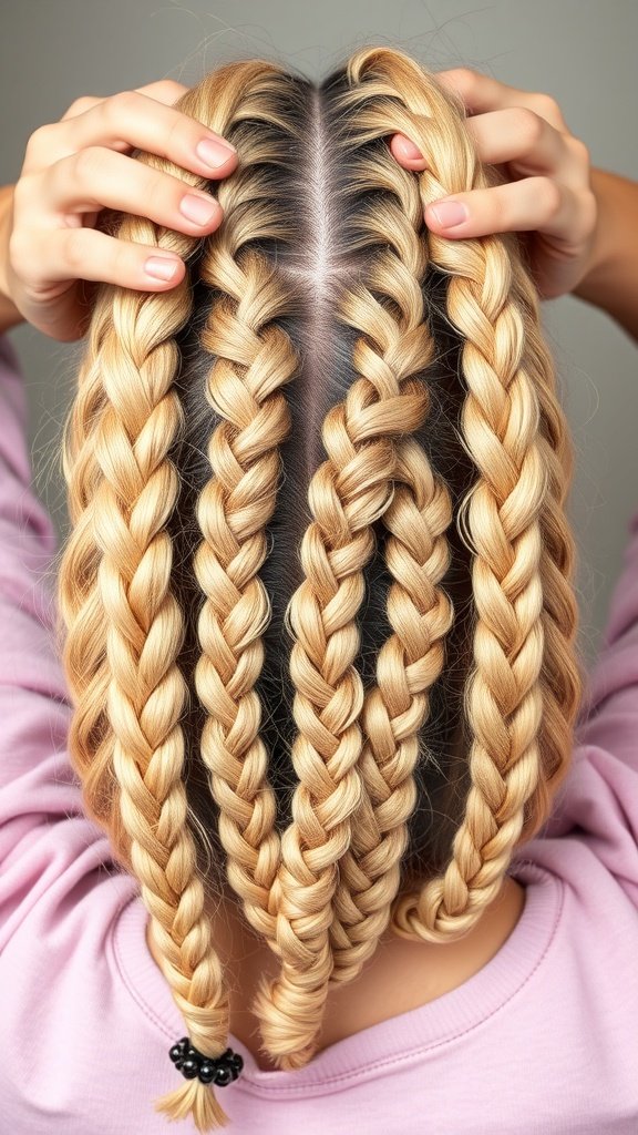 Blonde boho knotless braids styled in a neat pattern