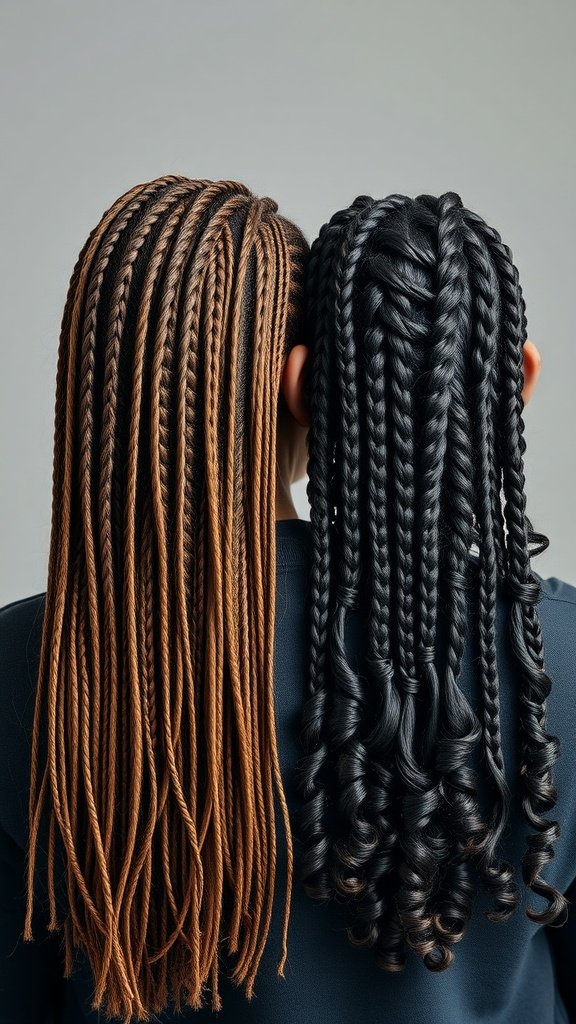 Image showing two different styles of braids: one with long, sleek braids and another with short knotless braids featuring curly ends.