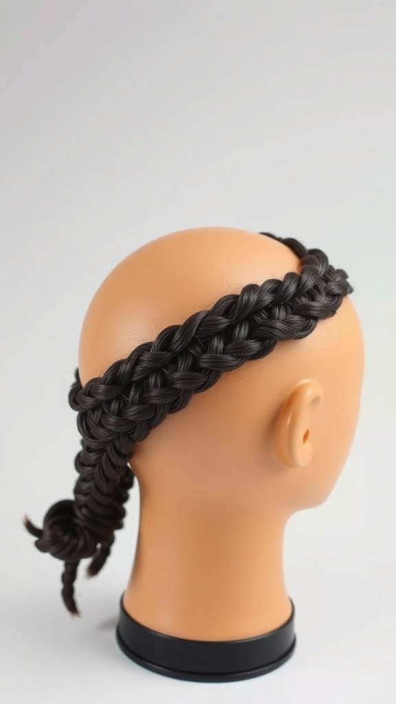 A mannequin head displaying short boho knotless braids.