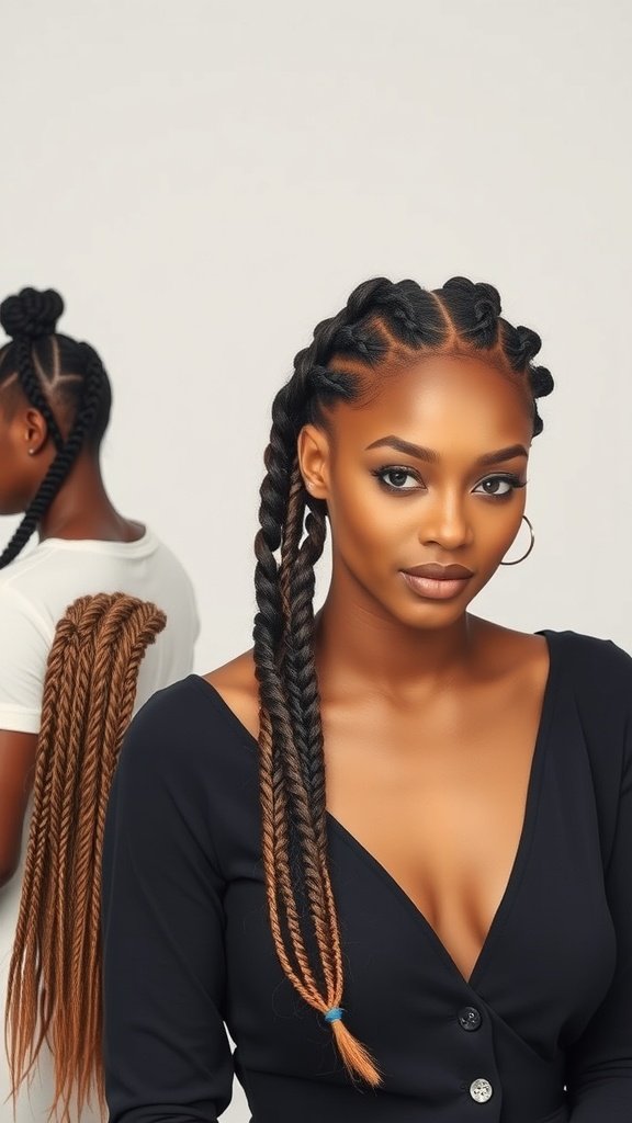 A woman showcasing bohemian knotless braids with a stylish look.