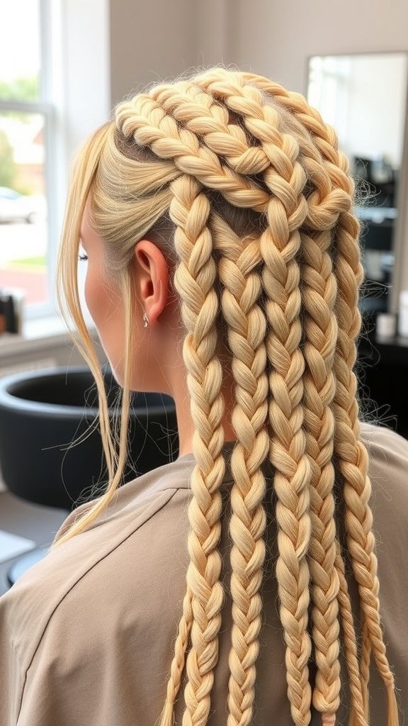 A close-up view of blonde knotless braids styled in a chic manner.