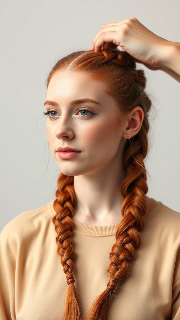 A person with ginger knotless braids, showcasing a vibrant hairstyle.