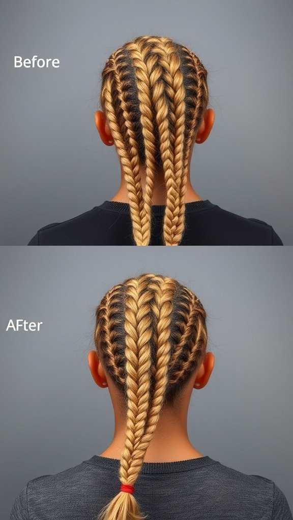 Before and after image of honey blonde knotless braids transformation