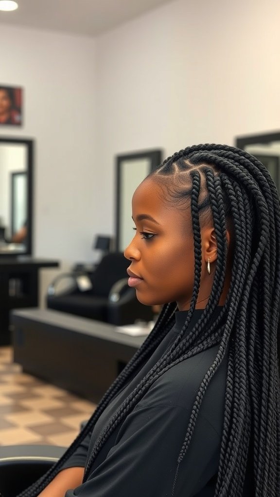 A woman with medium knotless box braids sitting in a salon.