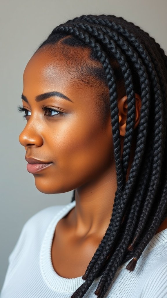 A woman with large knotless box braids, showcasing a stylish protective hairstyle.