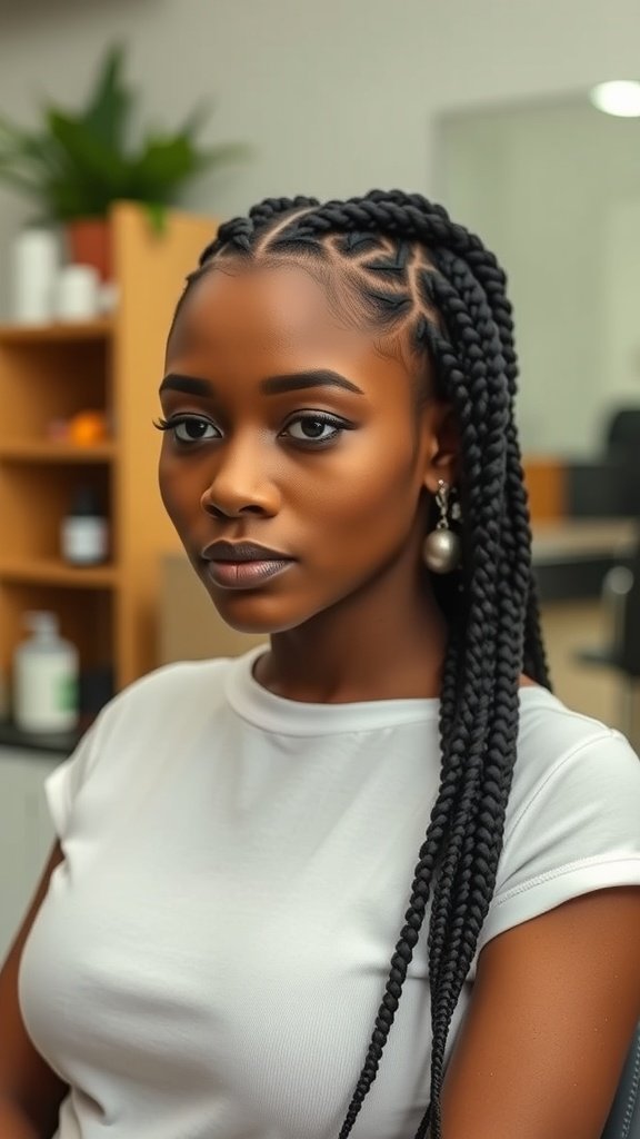 A woman with medium knotless box braids, showcasing a stylish and protective hairstyle.