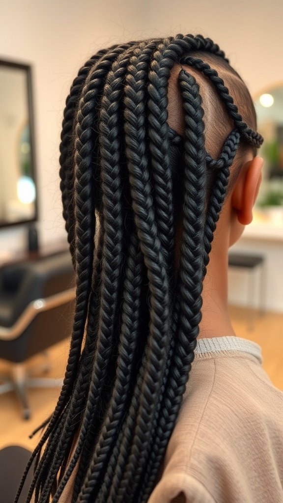 A close-up view of knotless braids styled with curls, showcasing a sleek and modern look.