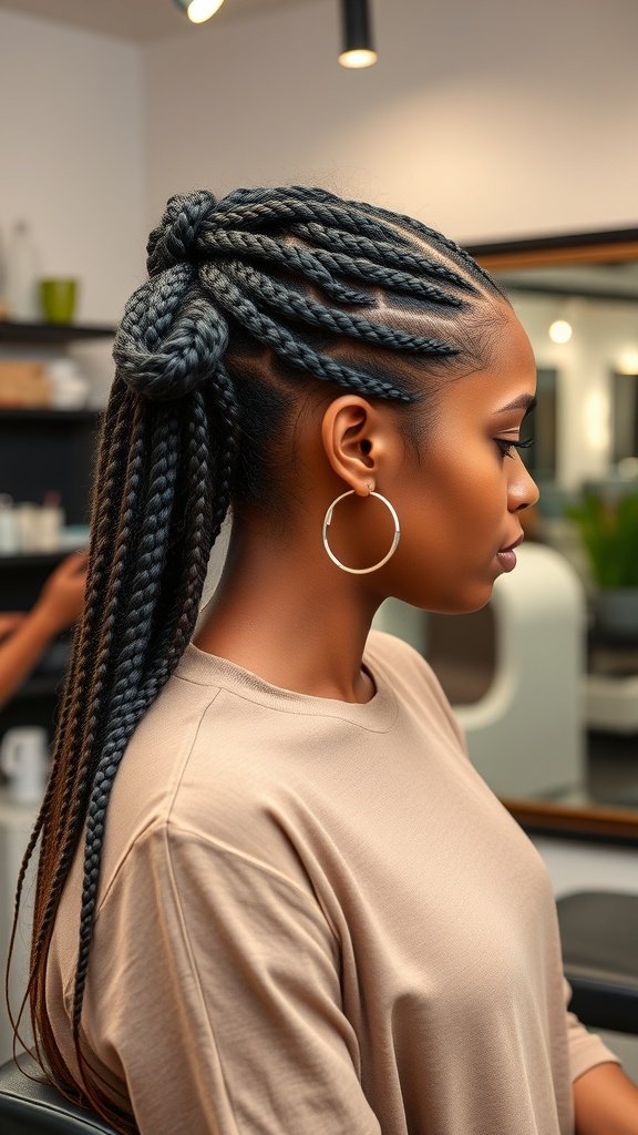 A woman with stylish knotless braids in a salon setting.