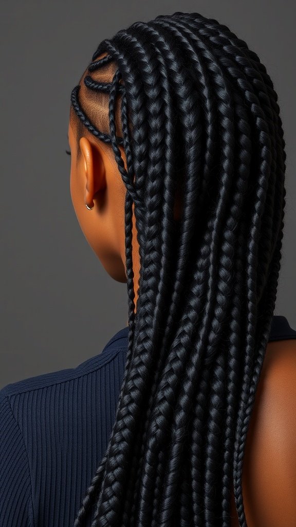 A close-up view of long knotless braids styled elegantly.
