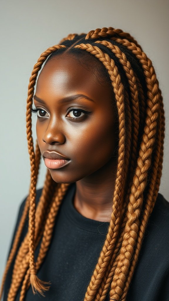 A close-up of a person with honey blonde knotless braids, showcasing the beautiful texture and color.