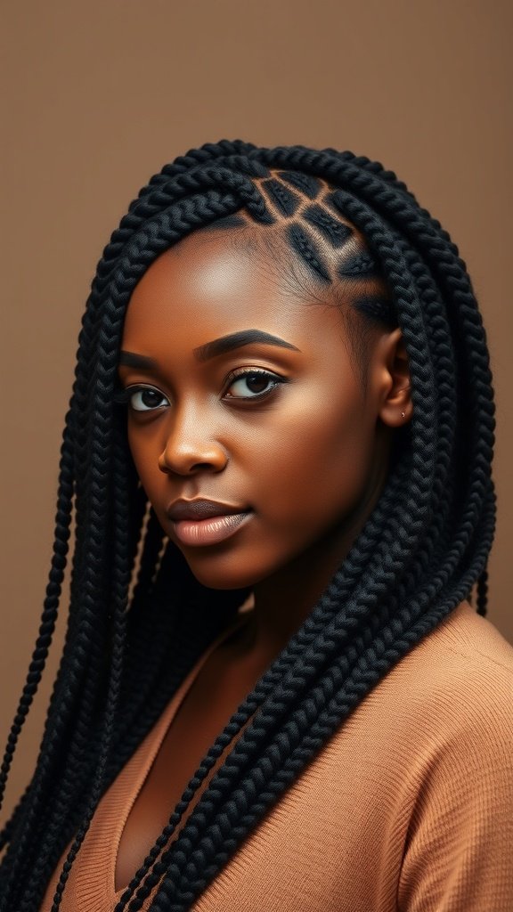 A woman with small brown knotless braids, showcasing a stylish and protective hairstyle.