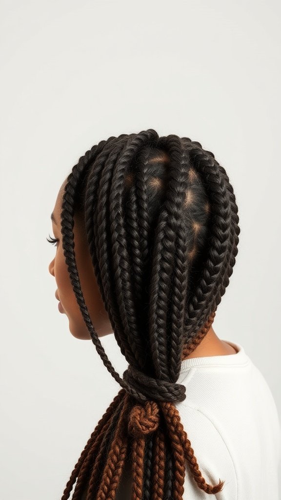 A close-up view of a woman with large boho knotless braids, showcasing the intricate style and color blend.