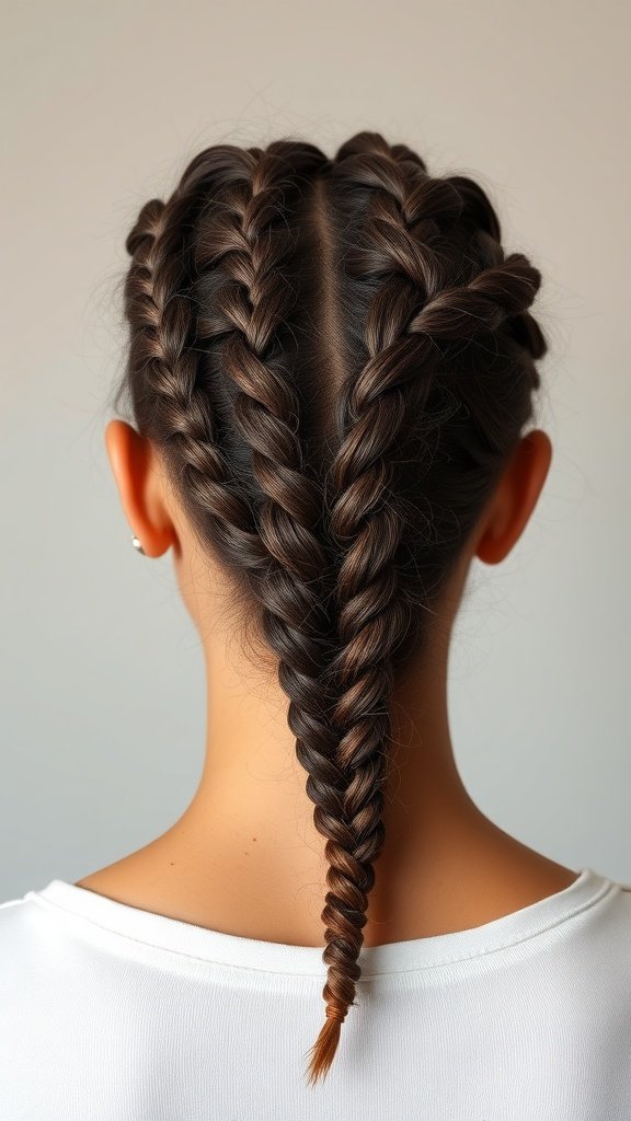 A close-up view of a person's back with two neatly braided knotless braids.