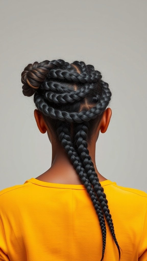A stylish hairstyle featuring knotless braids, showcasing a unique twist and clean finish.
