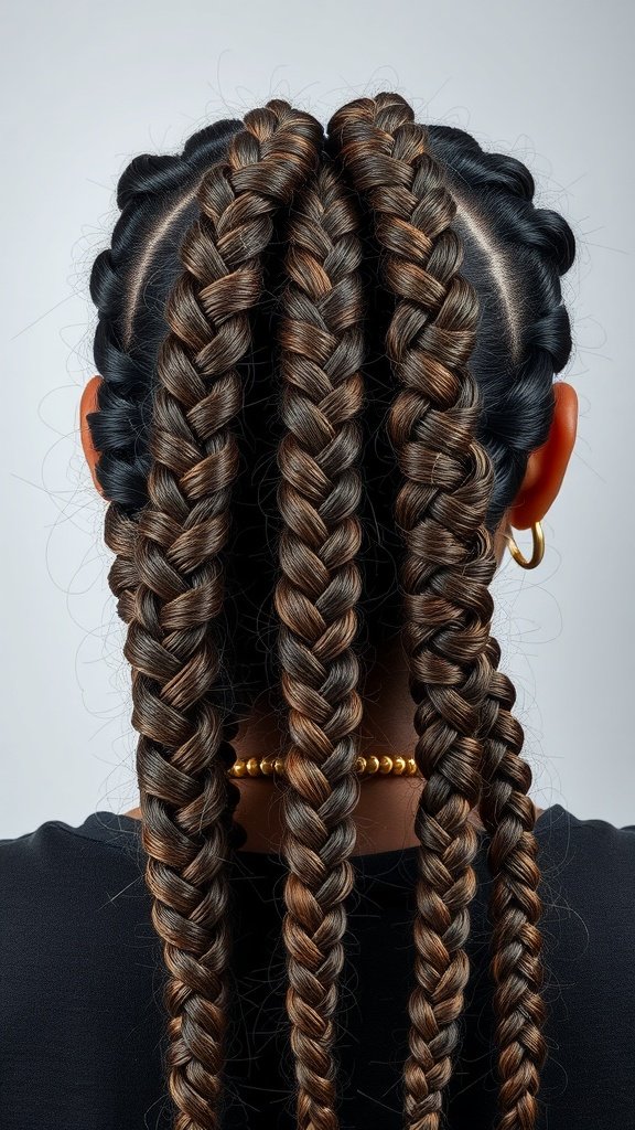 A close-up view of honey brown knotless braids styled in a neat pattern.