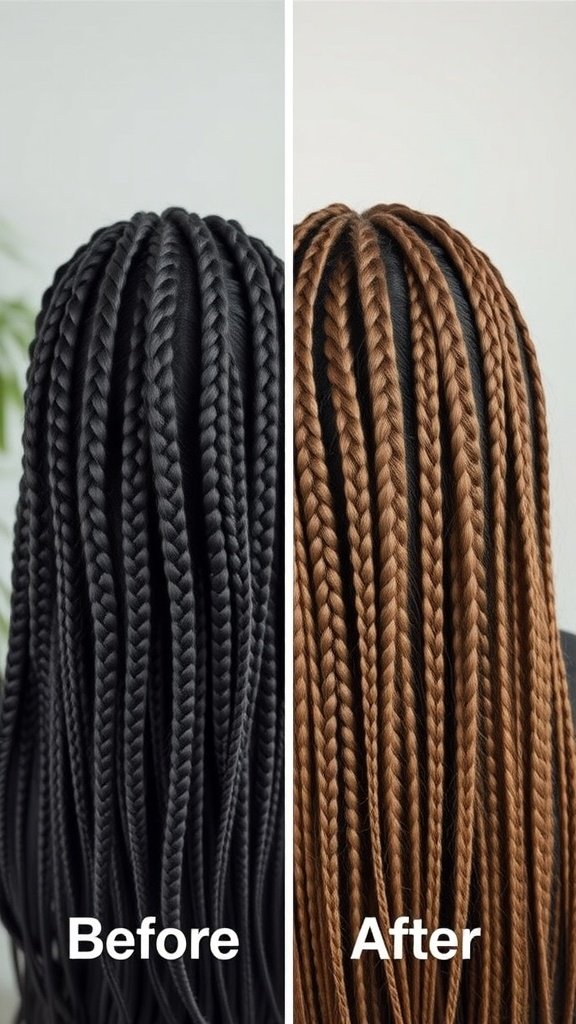 Before and after image of medium knotless braids showing a transformation from black to brown braids.