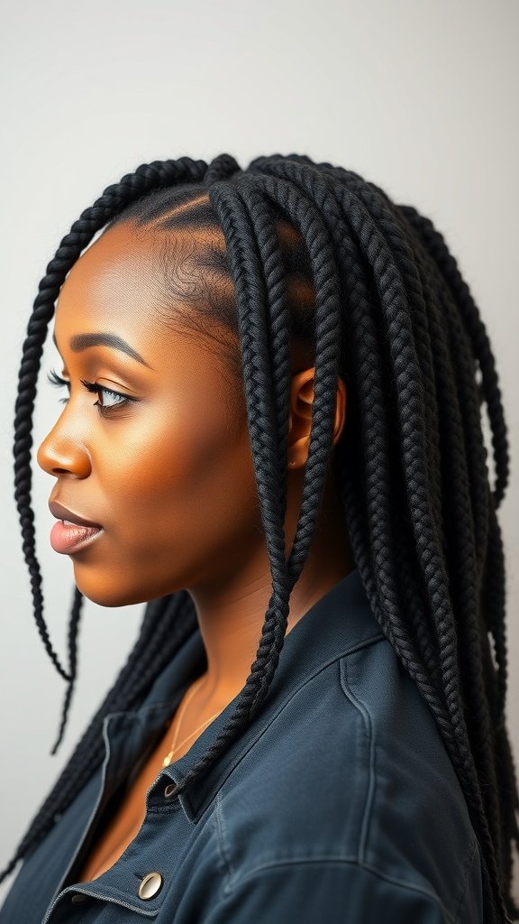 A woman with jumbo knotless box braids, showcasing a side profile.