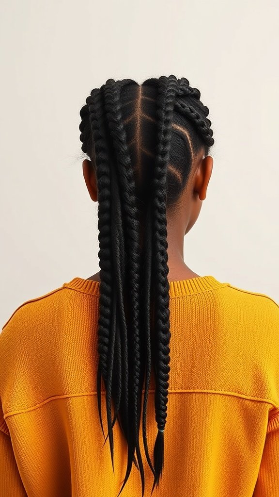 A person showing off short knotless box braids from the back, wearing an orange sweater.