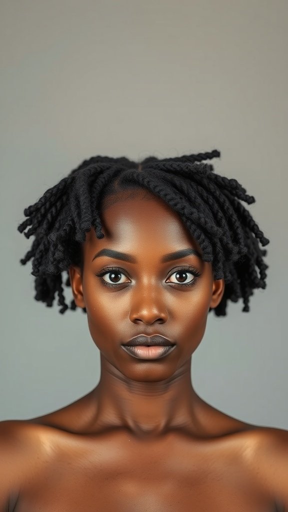 A person with short knotless braids featuring curly ends, showcasing a natural hair transition style.